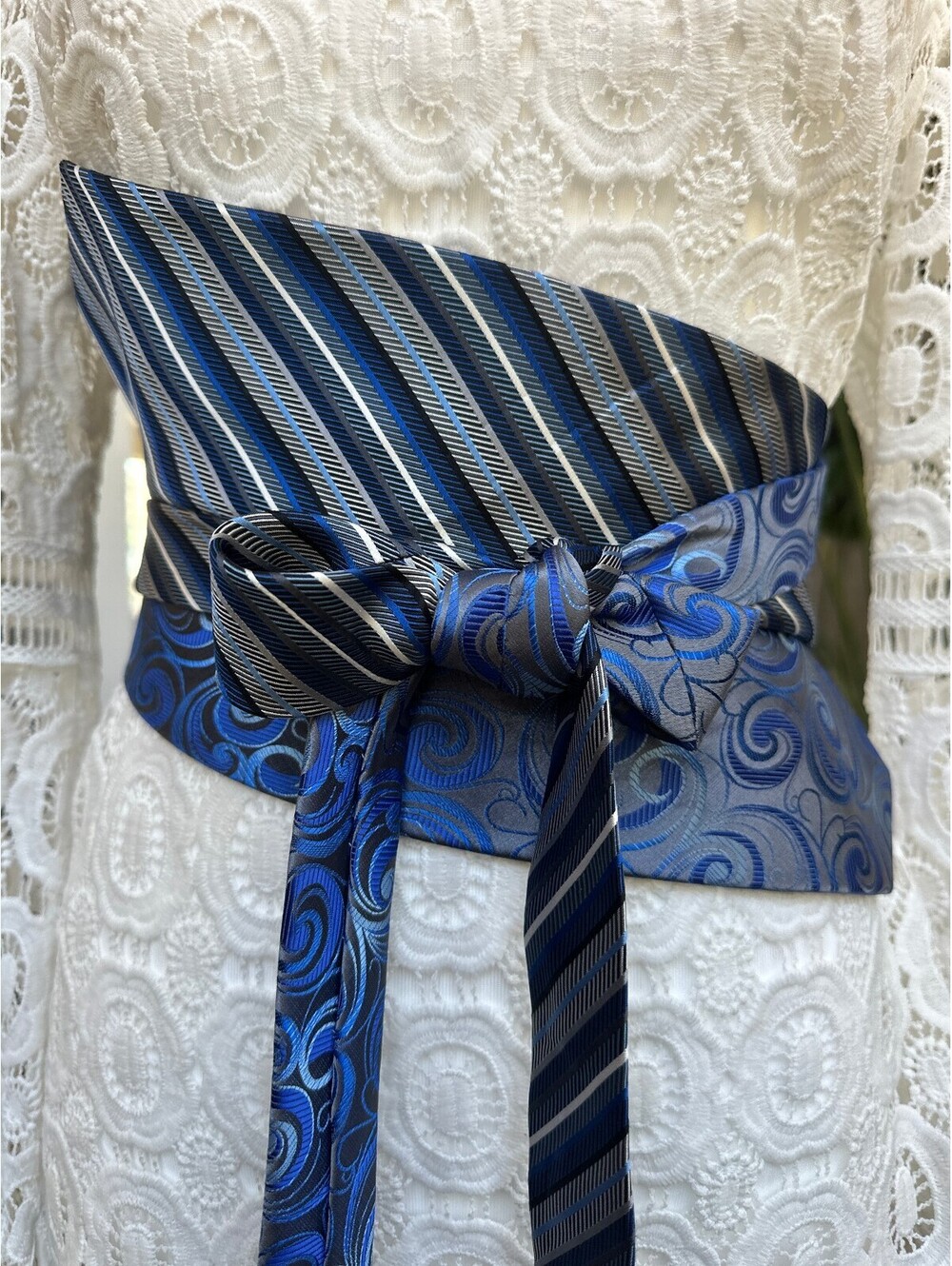 Blue Paisley with Stripes Upcycled Silk Obi Belt | Corset Waist Belt | OOAK | OS
